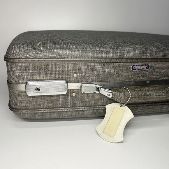 Vintage American Tourister Tri Taper Grey Suitcase Luggage Hard Shell Plaid 50s - Picture 9 of 16